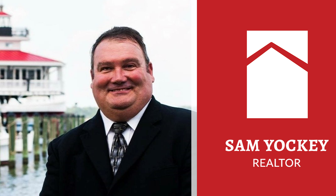 Graphic featuring Sam Yockey, realtor for Powell Realtors - Sam standing in front of a lighthouse