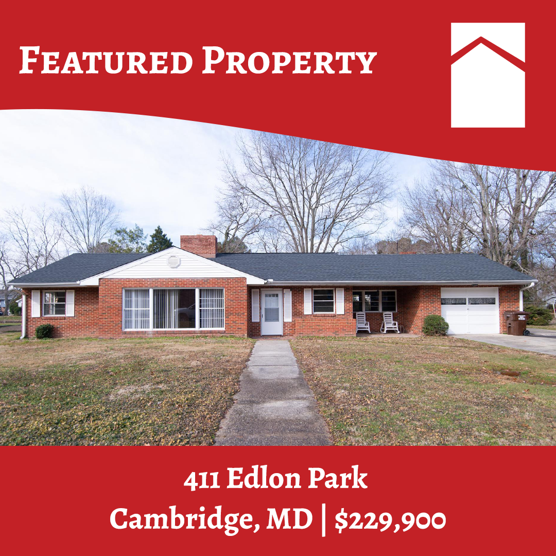 Featured property graphic for 411 Edlon Park in Cambridge, MD. Brick Rancher sold by Powell Realtors
