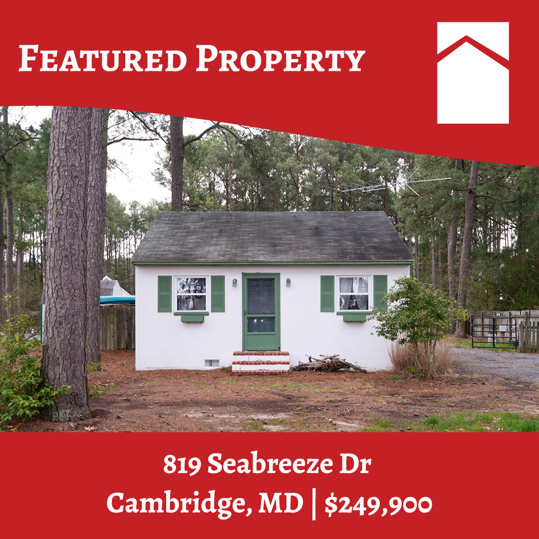 Featured property graphic for Powell Realtors - featuring 819 Seabreeze Dr in Cambridge, MD - small cottage with mature trees