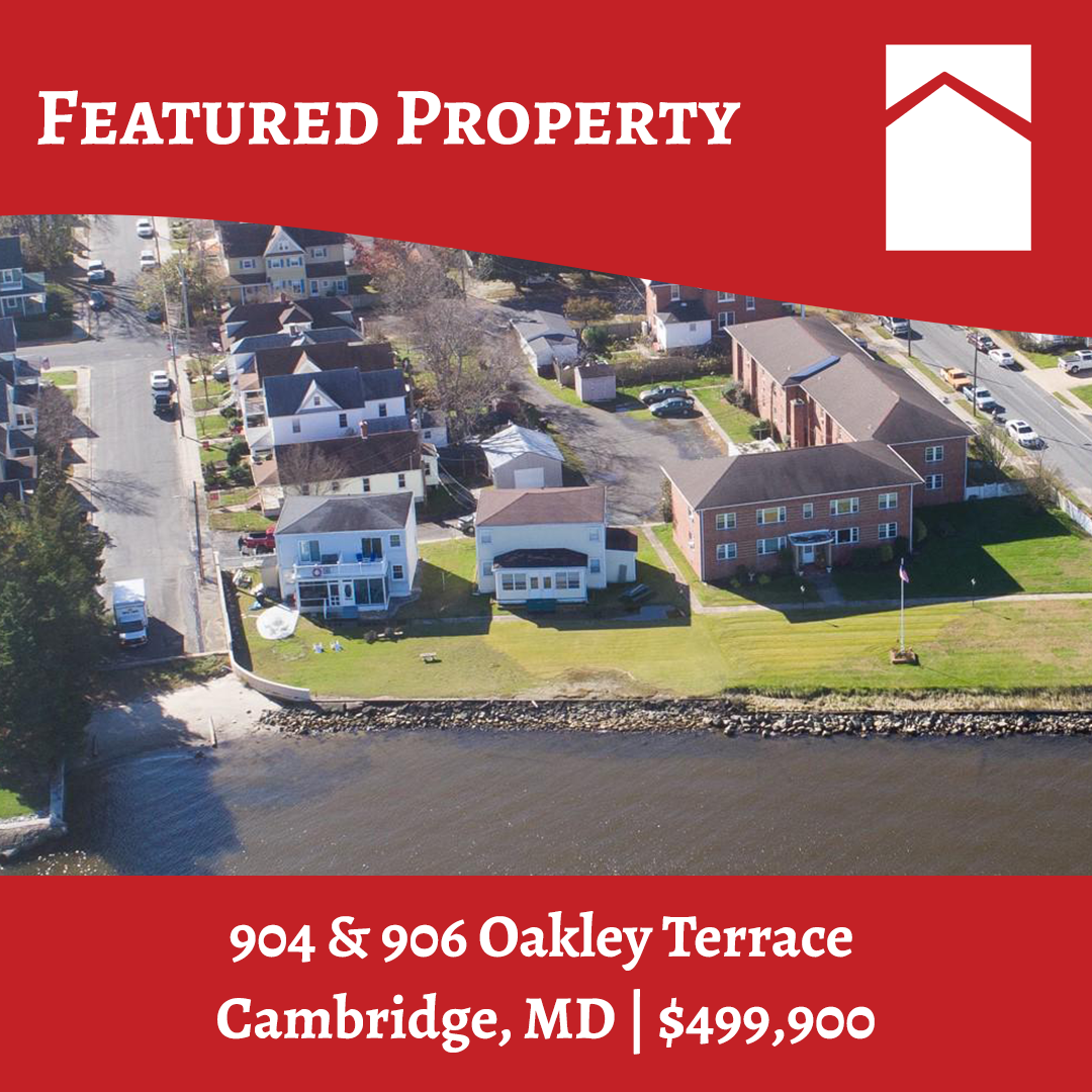 Featured property graphic for Powell Realtors showing a waterfront duplex in Cambridge, MD