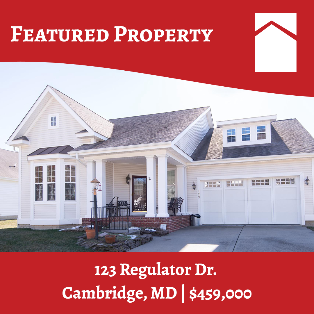 Featured property graphic for Powell Realtors, featuring 123 Regulator Dr in Cambridge, MD, a contemporary coastal style home