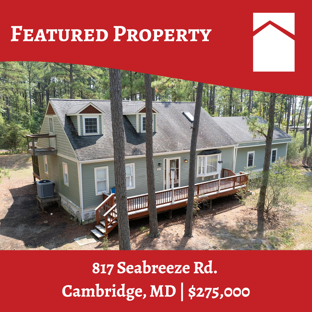 Powell Realtors featured graphic for 817 Seabreeze Rd in Cambridge MD. Cape cod house in the woods